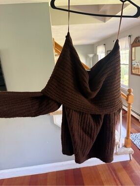 Altar'd State Off-the-Shoulder Ribbed Sweater in Dark Brown